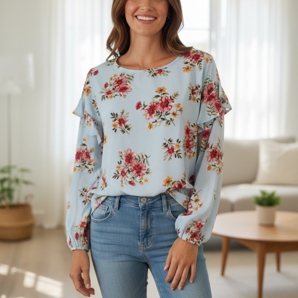 Vine & Love Light Blue Rosy Ruffle Sleeve Blouse - Picture 3 of 3